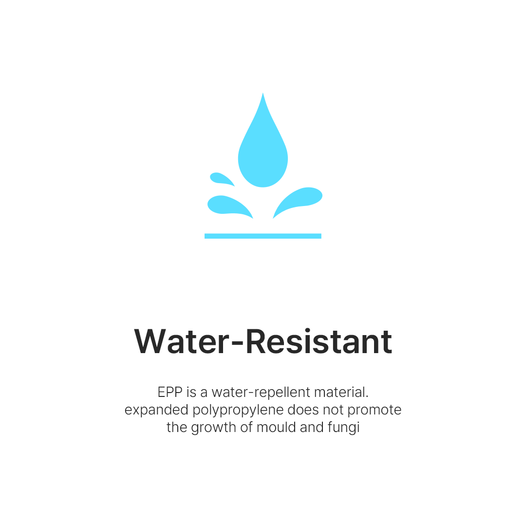 Water-Resistant - EPP is a water-repellent material. It can be easily wiped off or cleaned after use and does not promote the growth of bacteria or mold.